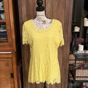 Isaac Mizrahi Yellow Lace Short-Sleeve Peplum Top
